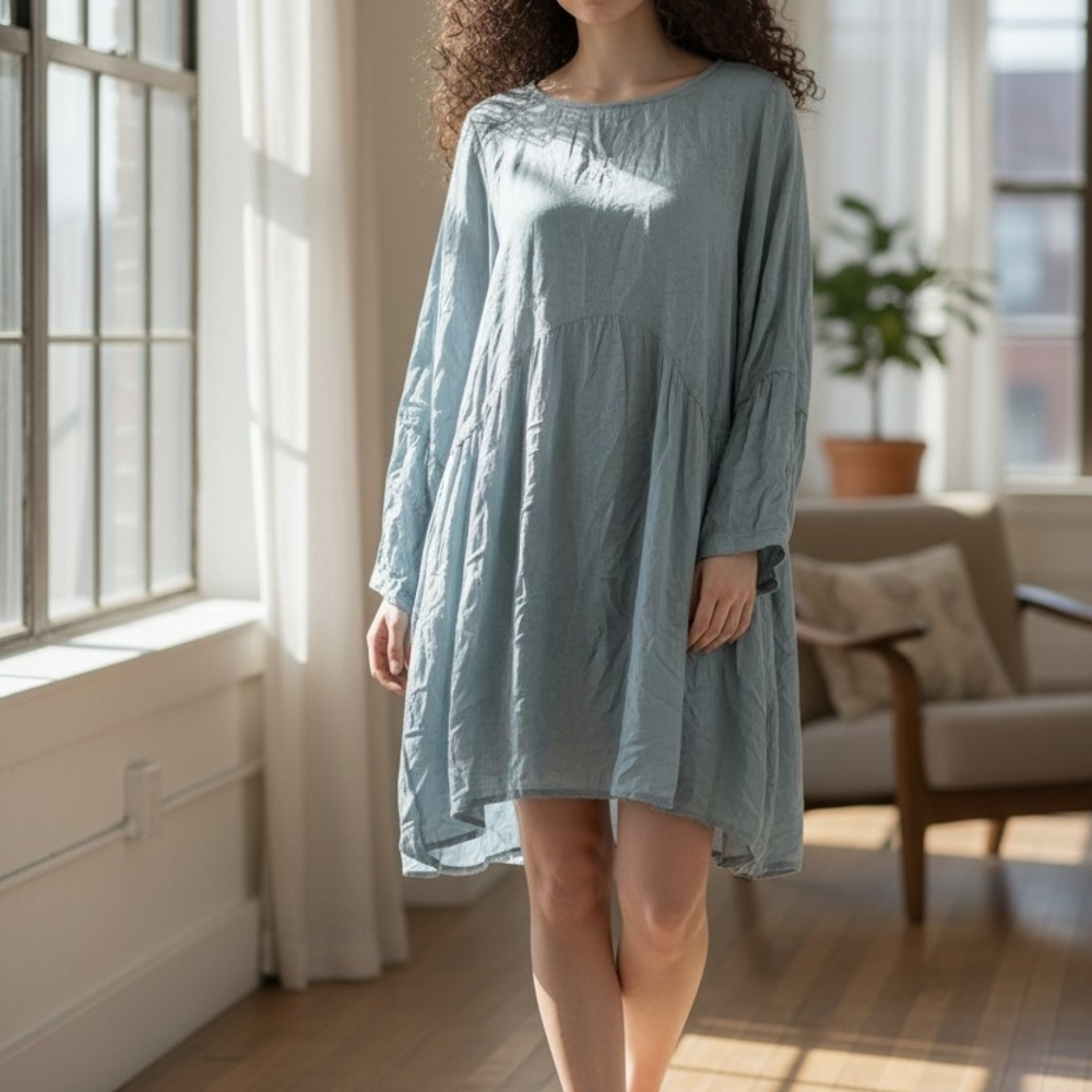 Anthropologie Pale Blue Relaxed Long-Sleeve Mini Dress